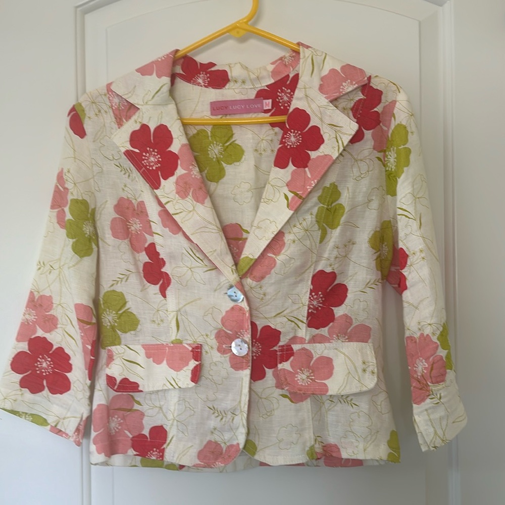 Lucy Lucy Love Collared Linen Print Waist Length Jacket Size M